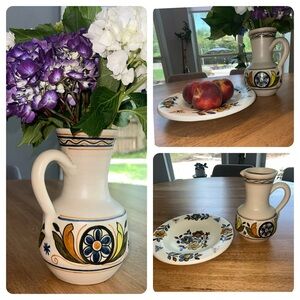 Vintage 70s made Spain vase & plate stoneware retro kitchen decor‎ boho vibe